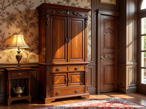 欧式古典风格卧室,雕花床头,深色实木家具,华丽吊灯,暖色调墙面,营造温馨典雅氛围