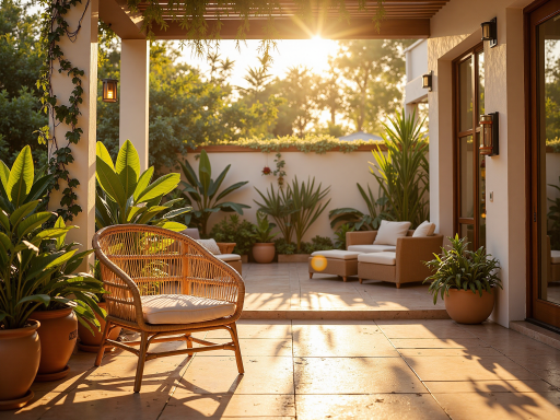 豪华别墅花园阳台，现代设计，休闲座椅，绿植点缀，视野开阔