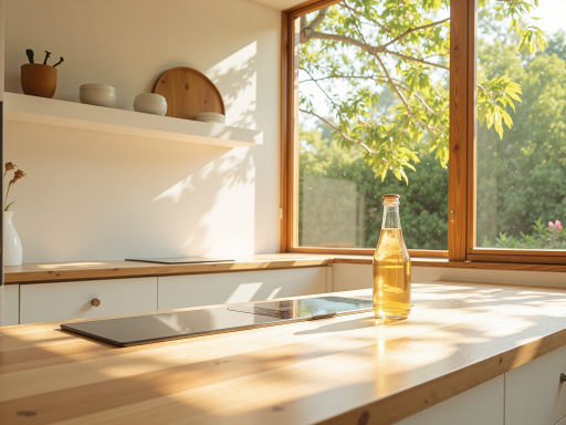 北欧风格厨房,白色橱柜配原木台面,简洁实用,大面积窗户采光,营造清新自然氛围