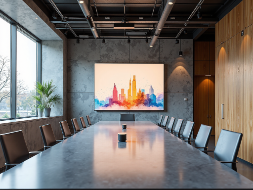 办公室会议室，现代会议桌，投影设备，商务氛围浓厚