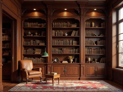 高端住宅书房，欧式古典风格，古典书桌书柜，文化氛围浓厚