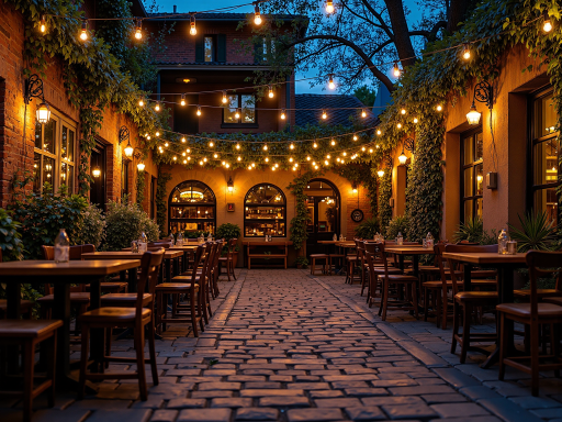 餐厅户外区域，工业风格装饰，休闲座椅，环境舒适